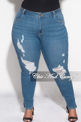 Final Sale Plus Size Distressed Slit Jeans in Denim AdjustableTabs