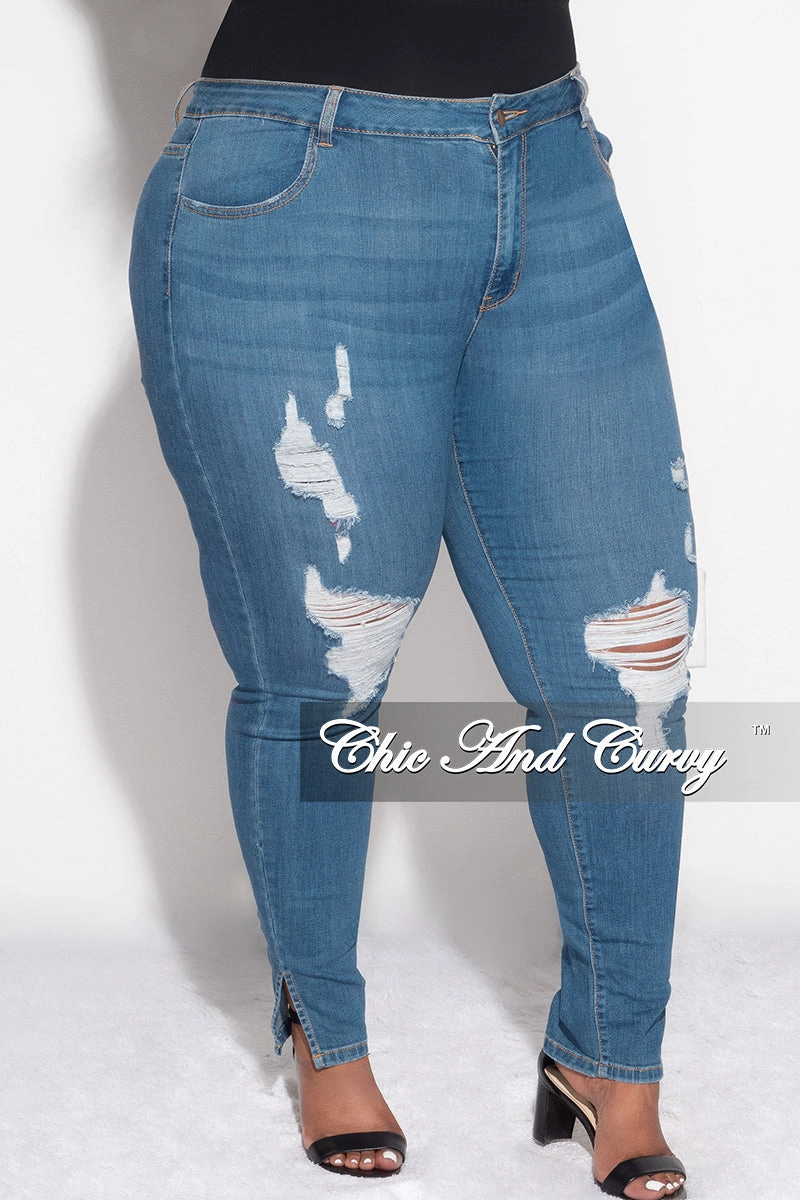 Final Sale Plus Size Distressed Slit Jeans in Denim Low Bulk Durable Stitching
