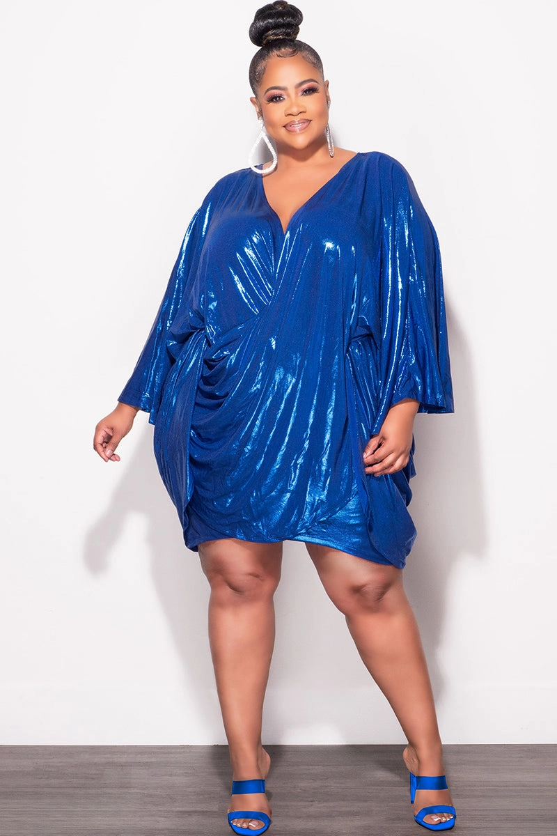 Final Sale Plus Size Draping Mini Dress in Metallic Royal Blue Flexible Cut Quick Change