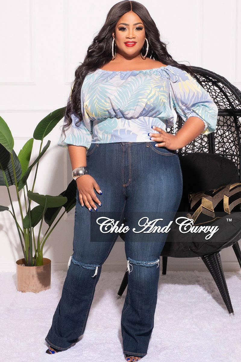 Final Sale Plus Size Drawstring Off the Shoulder Top in Soft Turquoise Leaf Print SustainableManufacturing