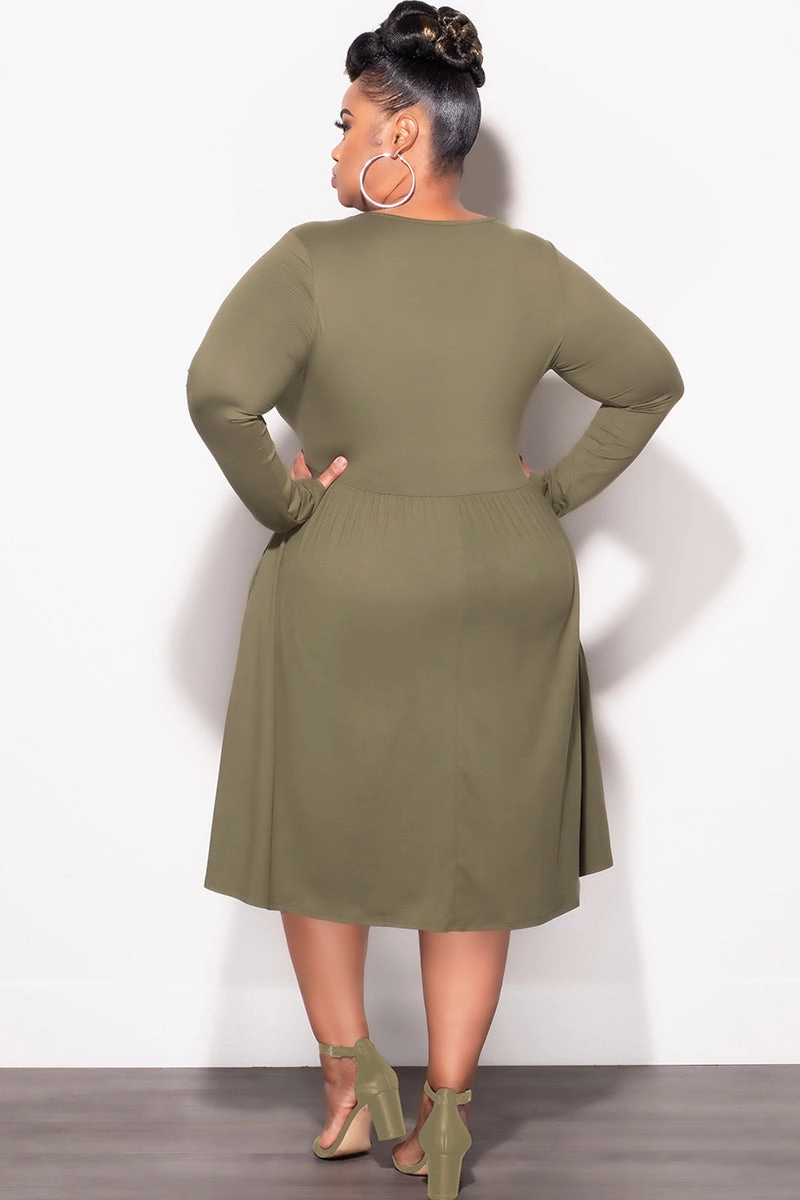 Breathable mesh design Final Sale Plus Size Dress with Pockets in Olive Green