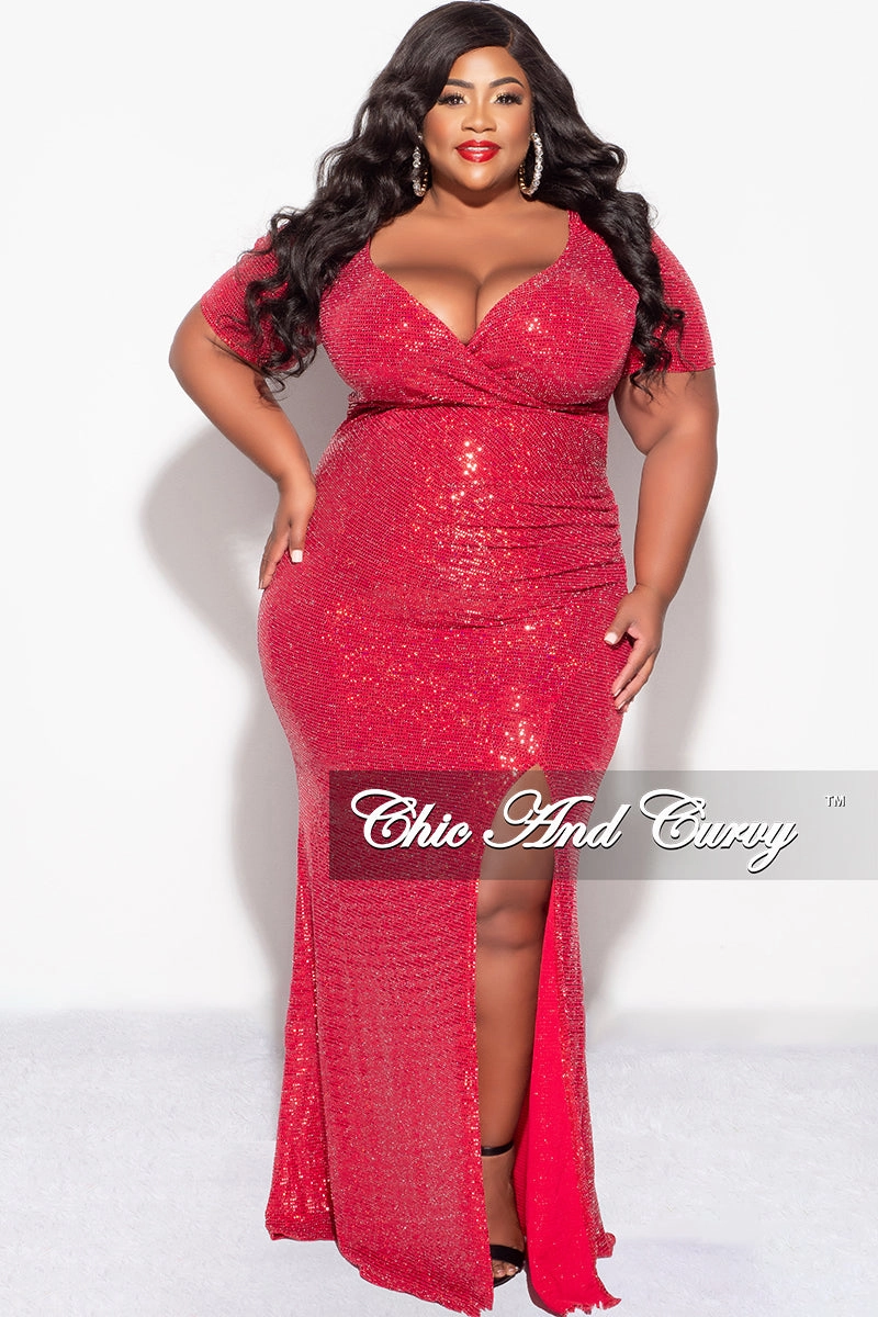 Flex Movement Fashionable Cut Final Sale Plus Size Evening Gown Deep V Neck Dress in Confetti Dot Knit Sequin in Red