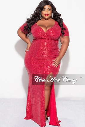 Final Sale Plus Size Evening Gown Deep V Neck Dress in Confetti Dot Knit Sequin in Red Rugged Wear
