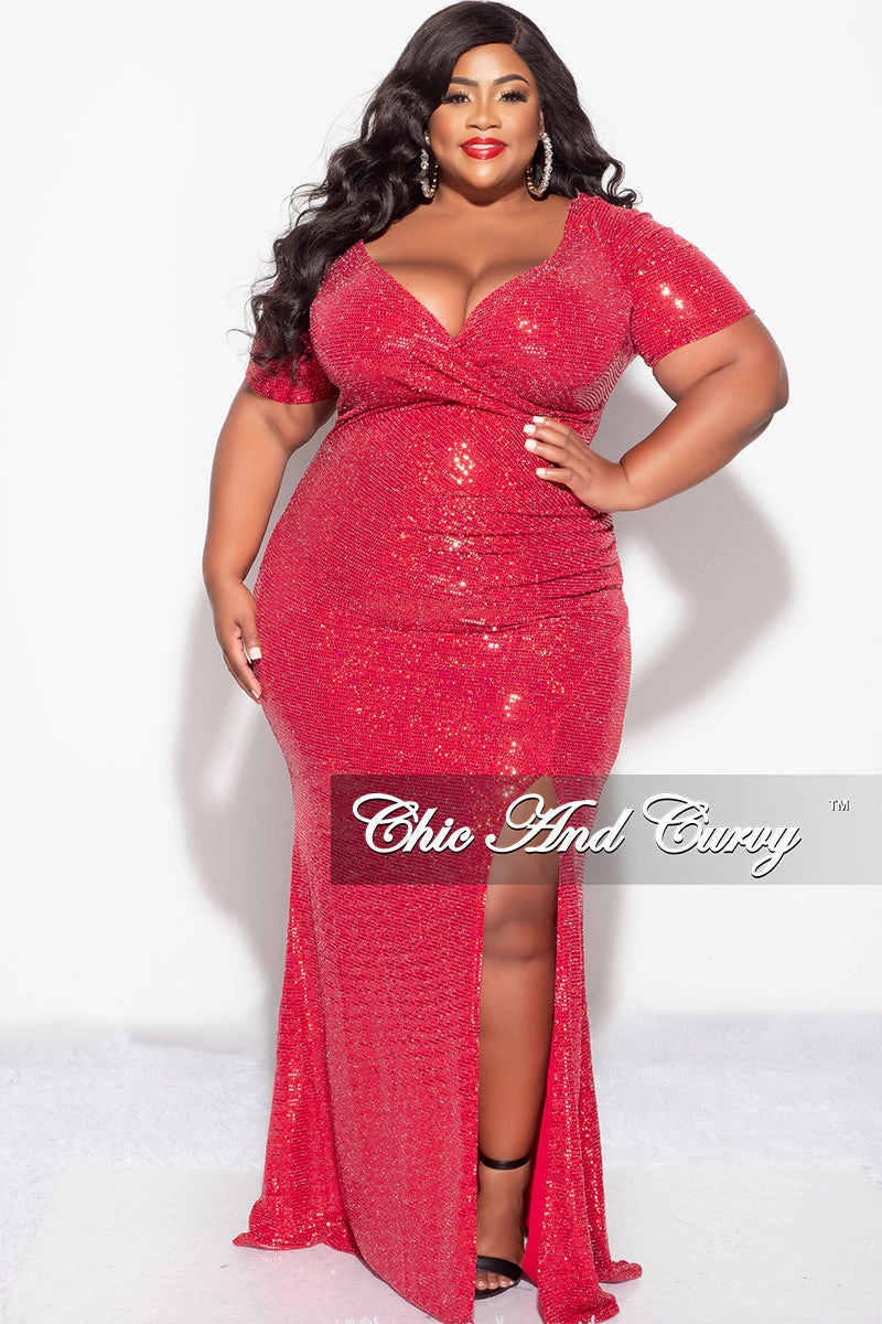 Twill Weave Texture On The Go Final Sale Plus Size Evening Gown Deep V Neck Dress in Confetti Dot Knit Sequin in Red