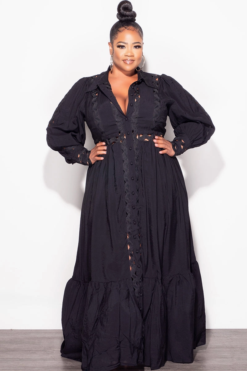 elastic waistband Final Sale Plus Size Eyelet Maxi  Dress in Black