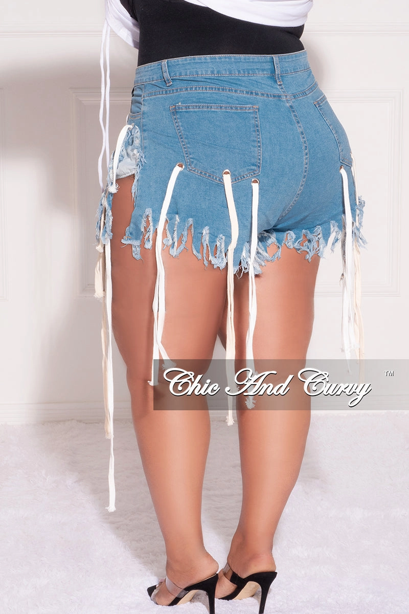 Final Sale Plus Size Eyelet Rope Shoe Lace Up Fringe Shorts in Blue Denim Work Friendly Reflective accents