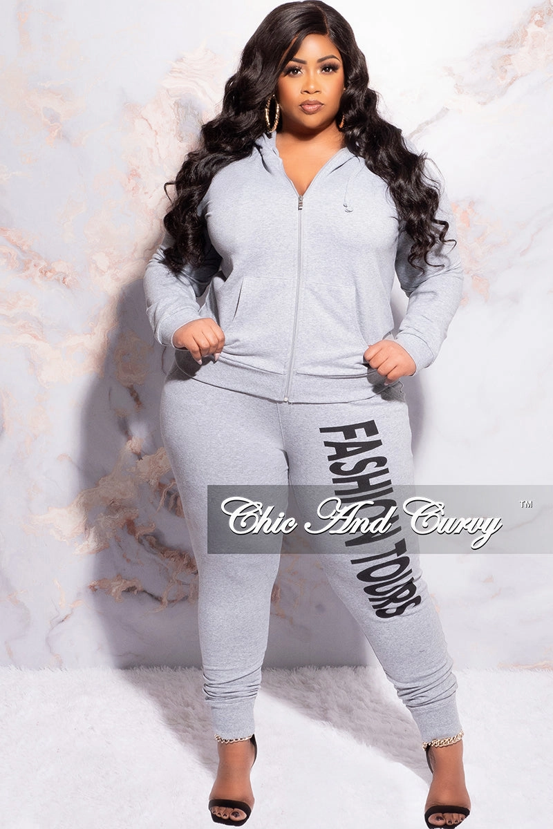 Final Sale Plus Size Fashion Tours Hooded Jogging Set in Grey Anti Static Finish ElasticCuffs