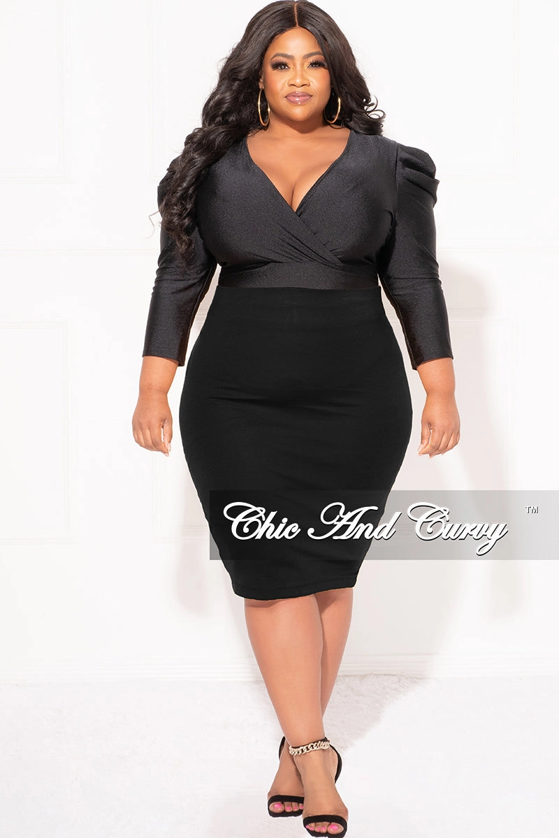 Final Sale Plus Size Faux Bodysuit with Ruched Sleeves in Black Multi Use