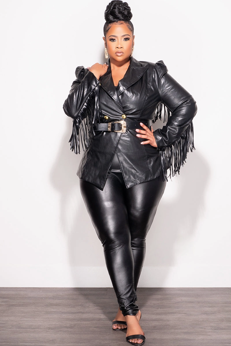 Smart Motion Versatile Layer Final Sale Plus Size Faux Leather Belted Blazer with Fringe Sleeves in Black