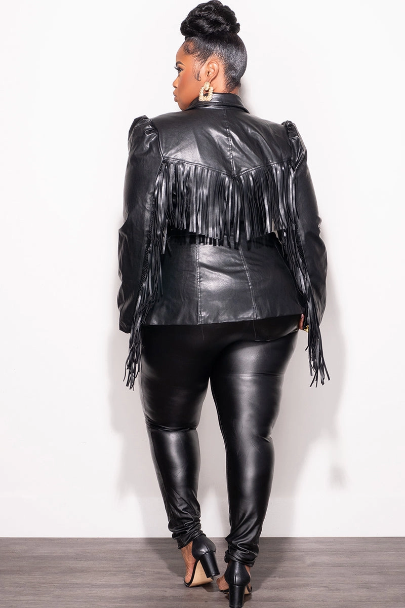 Final Sale Plus Size Faux Leather Belted Blazer with Fringe Sleeves in Black Perfect Comfort