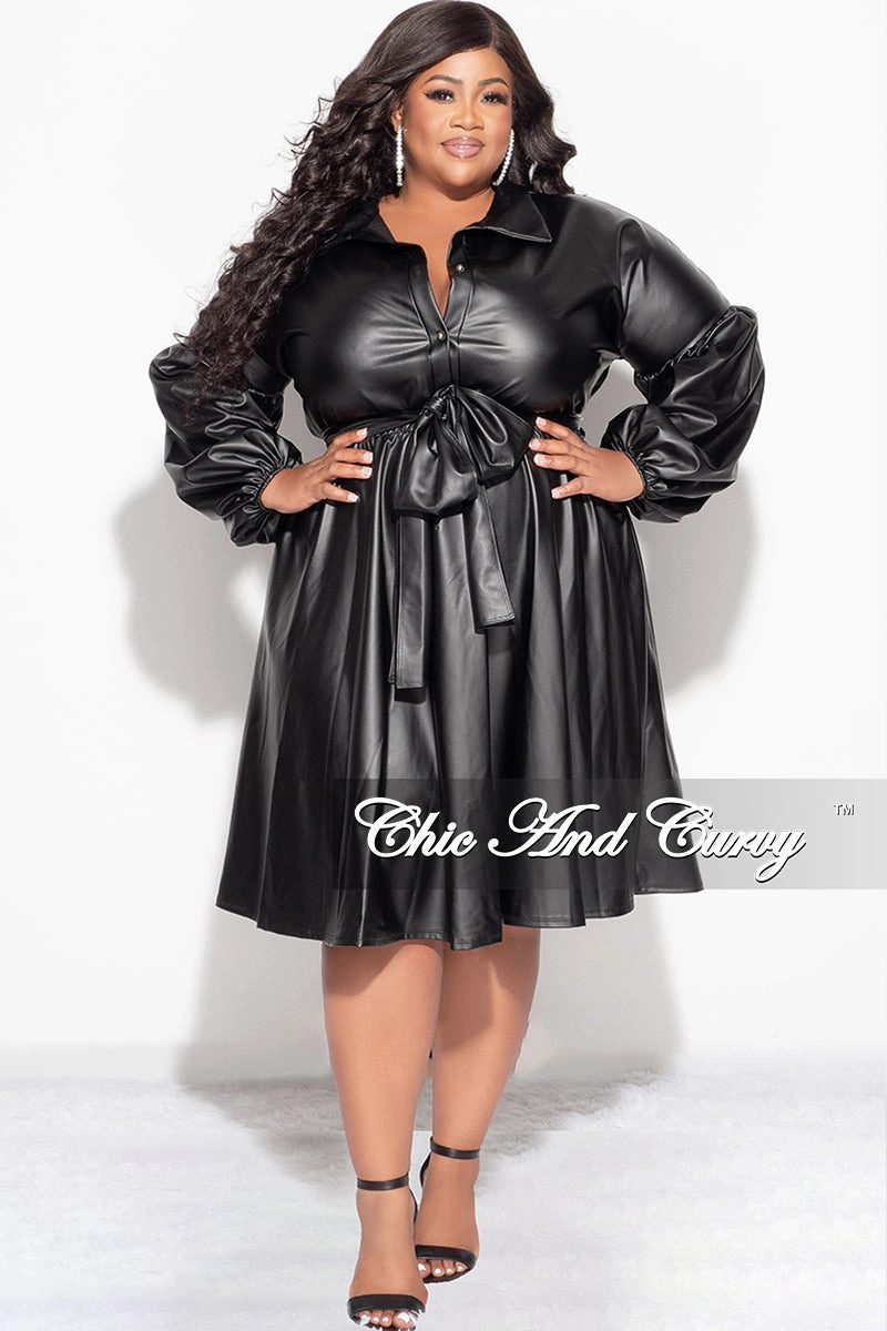 Final Sale Plus Size Faux Leather Collar Dress with Tie in Black Seamless Design