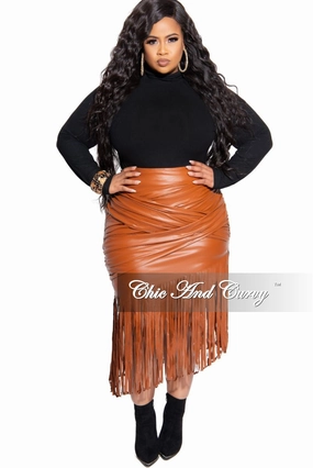 Comfy Texture Performance Design Fit Final Sale Plus Size Faux Leather Fringe Skirt in Cognac