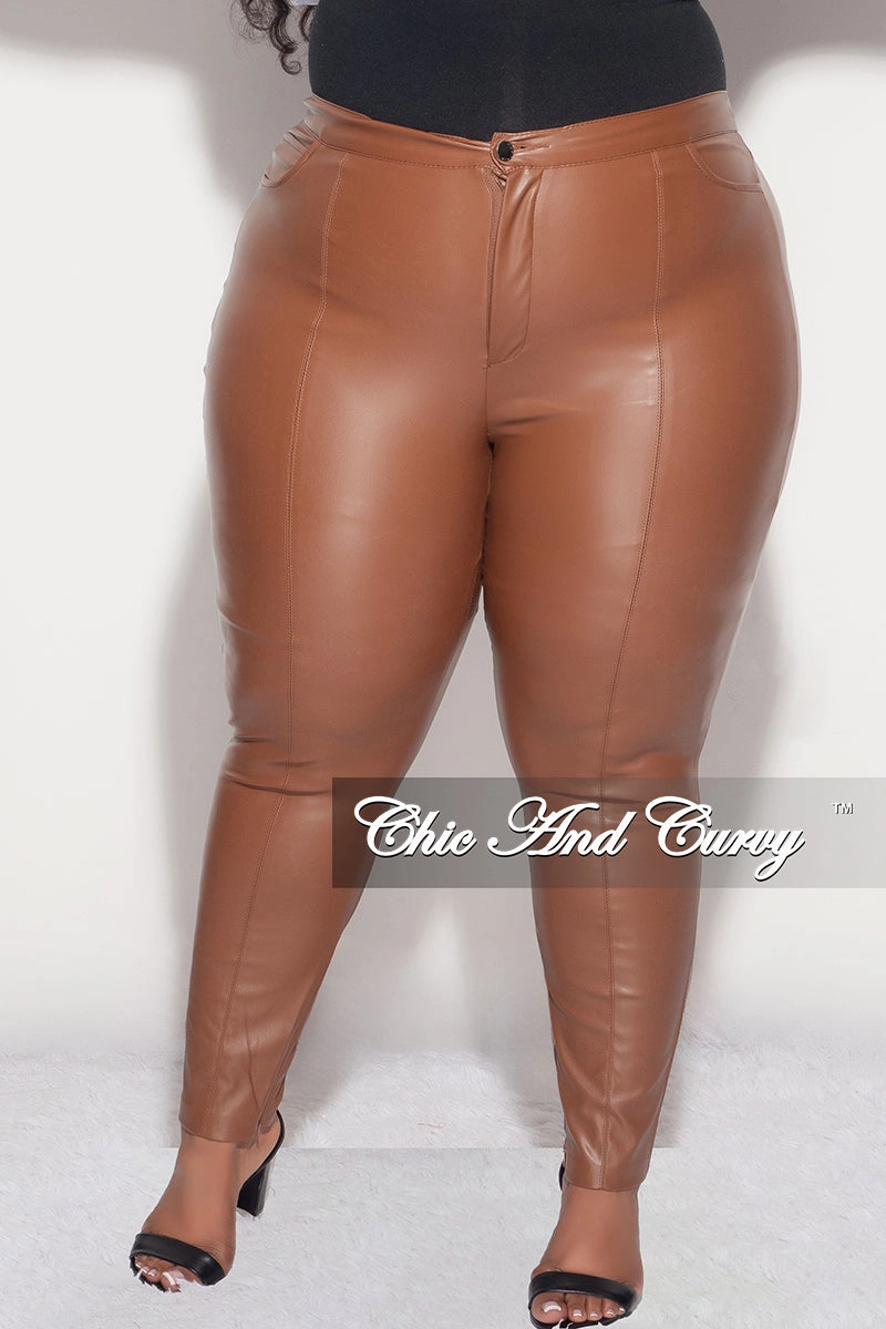 Fitted Style Final Sale Plus Size Faux Leather Pants with Bottom Zipper in Cognac