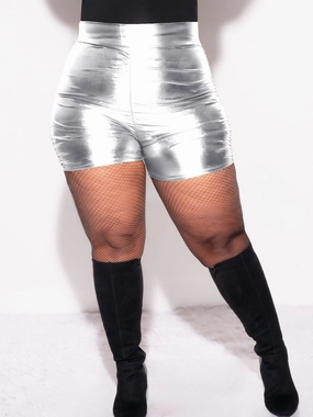 Final Sale Plus Size Faux Leather Shorts with Ruched Sides in Silver Easy Care Fabric Finish NonSlipInnerGrip