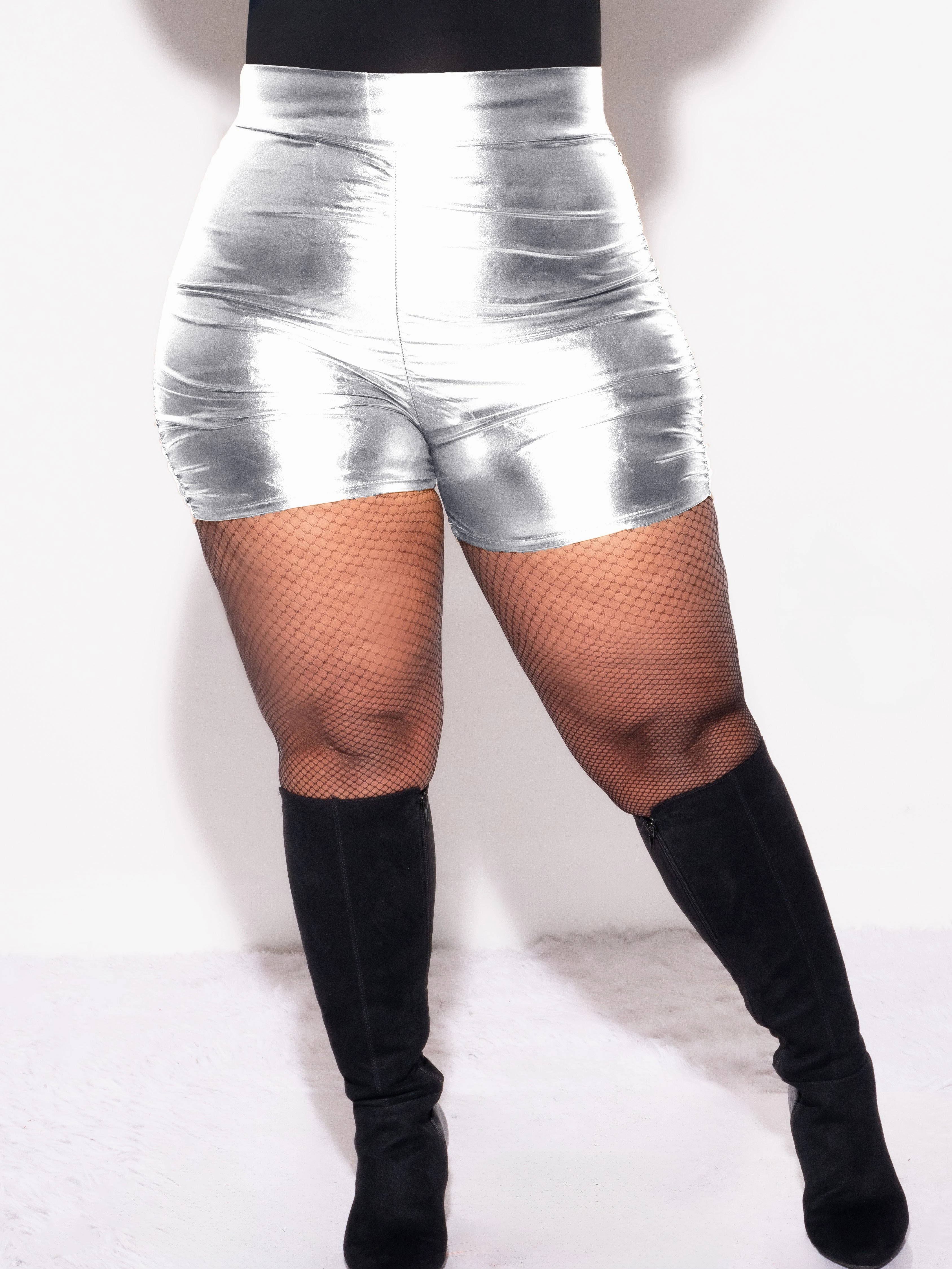 Final Sale Plus Size Faux Leather Shorts with Ruched Sides in Silver Easy Care Fabric Finish NonSlipInnerGrip