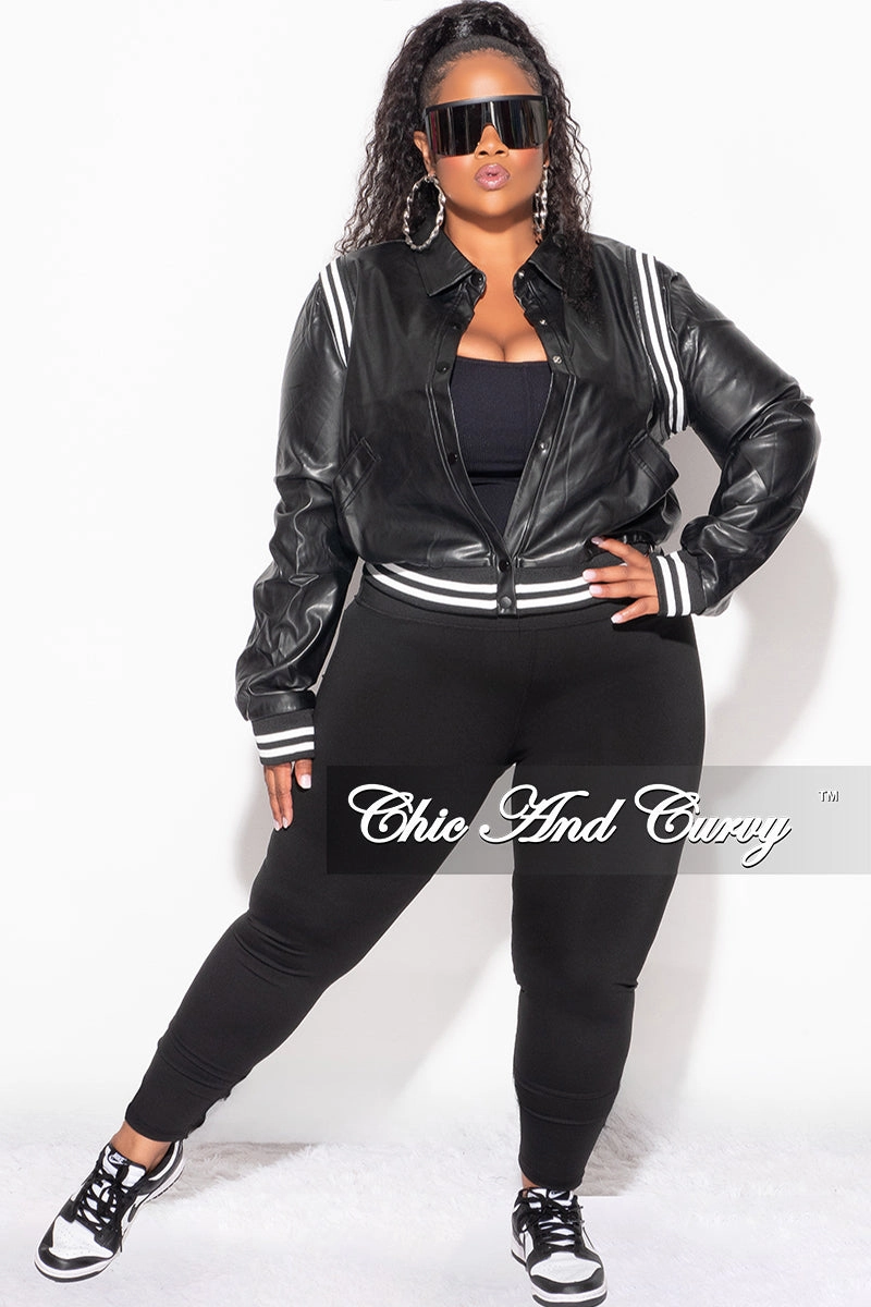 Quick Release Buckle Final Sale Plus Size Faux Leather Varsity Jacket in Black and White