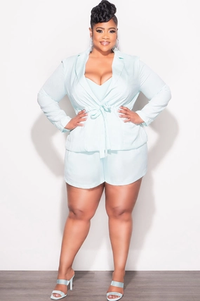Final Sale Plus Size Faux Linen 2pc Short Set in Mint Adjustable drawstring