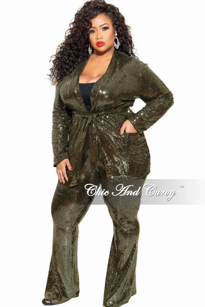 Non Restrictive Fit Comfortable Look Final Sale Plus Size Faux Sequin 2-Piece Jacket & High Waist Pants Set in Gold