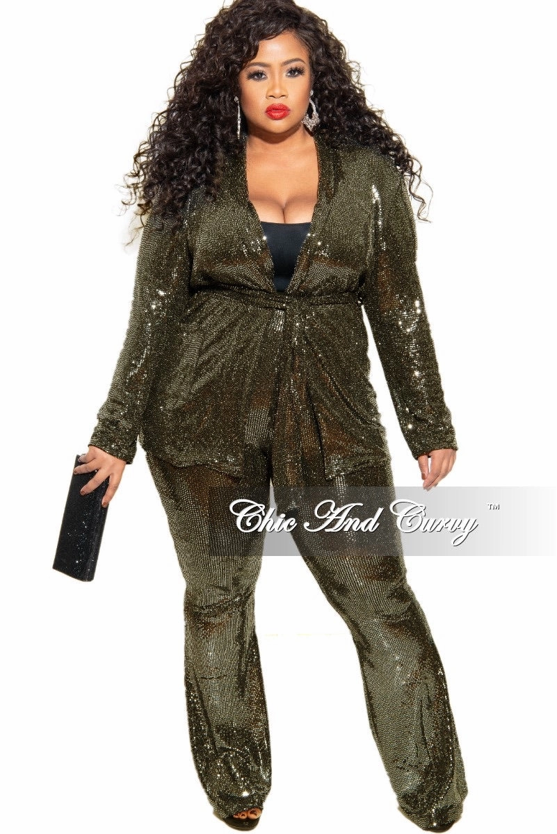 No Frills Fit Fashion Forward Final Sale Plus Size Faux Sequin 2-Piece Jacket & High Waist Pants Set in Gold