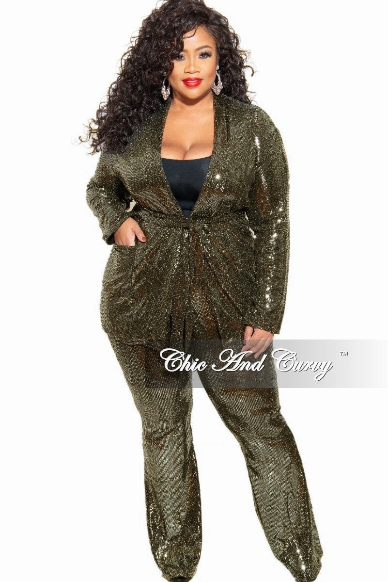 Final Sale Plus Size Faux Sequin 2-Piece Jacket & High Waist Pants Set in Gold Athletic Fit