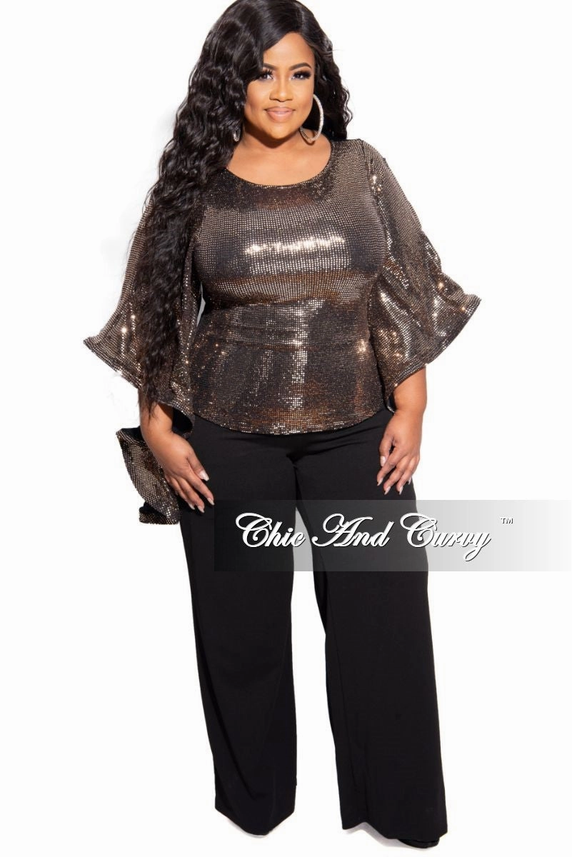 Performance Wear Final Sale Plus Size Faux Sequin Bell Sleeve Top in Gold