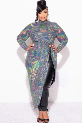 Final Sale Plus Size Faux Sequin Hologram Top in Silver Sweat Wicking Liner Relaxed fit wear