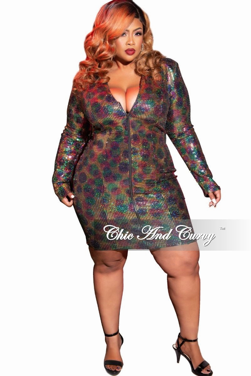 Lightweight Weave Final Sale Plus Size Faux Sequin Zip-Up Bodycon Dress in Rainbow Print