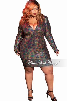 Lightweight Weave Final Sale Plus Size Faux Sequin Zip-Up Bodycon Dress in Rainbow Print