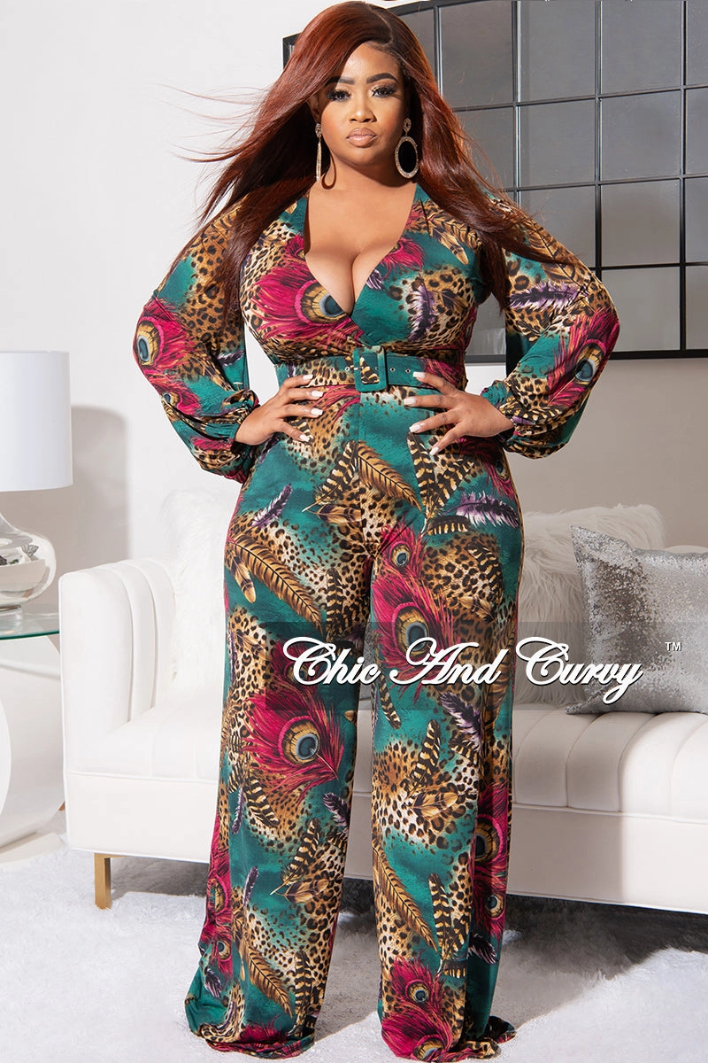 Smart Comfort Movement Fit Final Sale Plus Size Faux Wrap Animal Print Jumpsuit in Cranberry & Teal