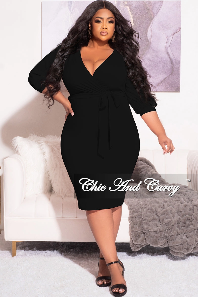 Final Sale Plus Size Faux Wrap BodyCon Dress with Waist Tie in Black Low Profile Fasteners No Ride