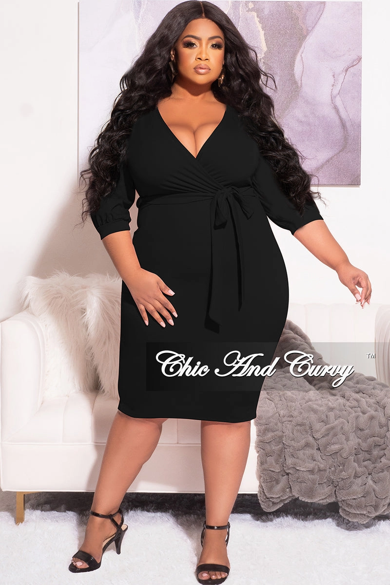 Final Sale Plus Size Faux Wrap BodyCon Dress with Waist Tie in Black Layering Essential Light Fabric