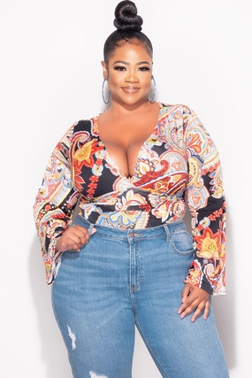 Final Sale Plus Size Faux Wrap Bodysuit in Black Multi Color Design Print Non Slip Waistband