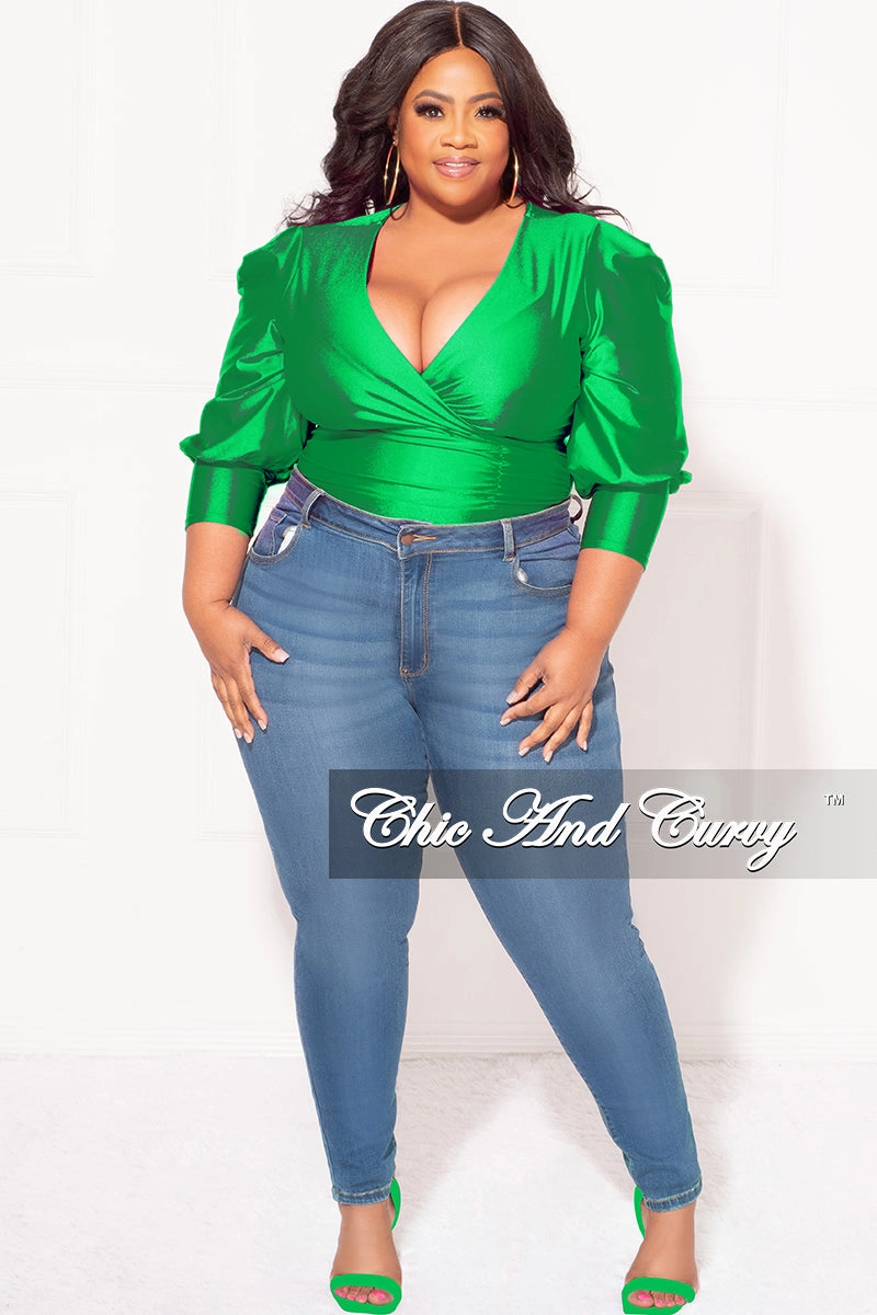Breathable Waistband Warm Layer Final Sale Plus Size Faux Wrap Bodysuit with Ruched Sleeves in Green
