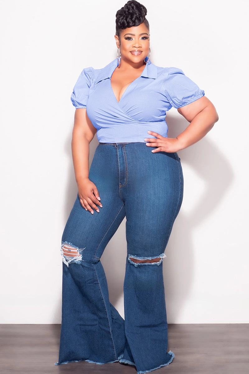 Final Sale Plus Size Faux Wrap Crop Tie Top in Blue and White Gingham Checker Print Comfort-First