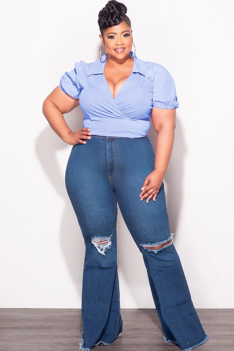 Body Sculpting Final Sale Plus Size Faux Wrap Crop Tie Top in Blue and White Gingham Checker Print