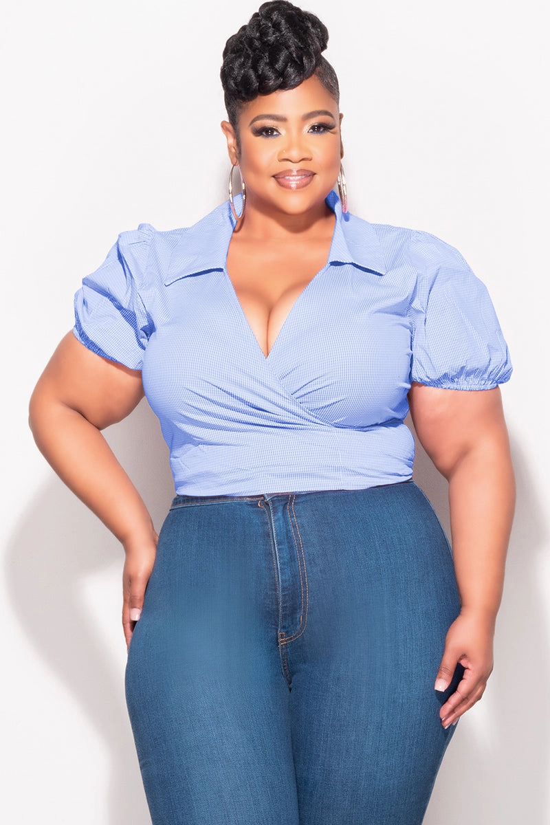 Final Sale Plus Size Faux Wrap Crop Tie Top in Blue and White Gingham Checker Print Windproof Membrane