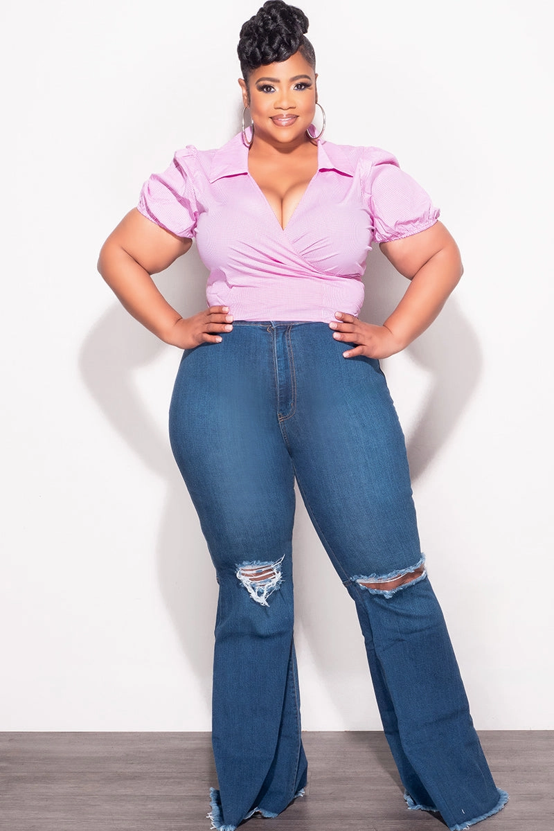 AdjustableDrawstring Final Sale Plus Size Faux Wrap Crop Tie Top in Pink and White Gingham Checker Print