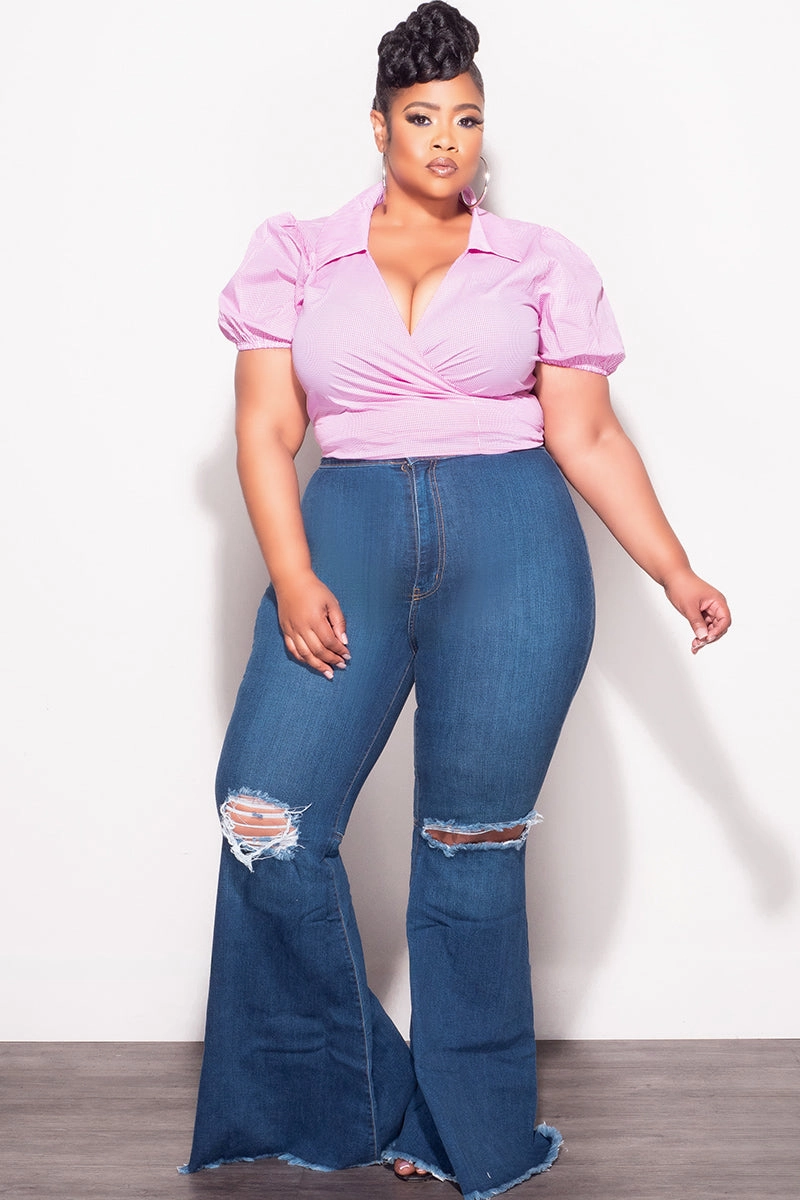 Trail Comfort Simple Comfort Final Sale Plus Size Faux Wrap Crop Tie Top in Pink and White Gingham Checker Print