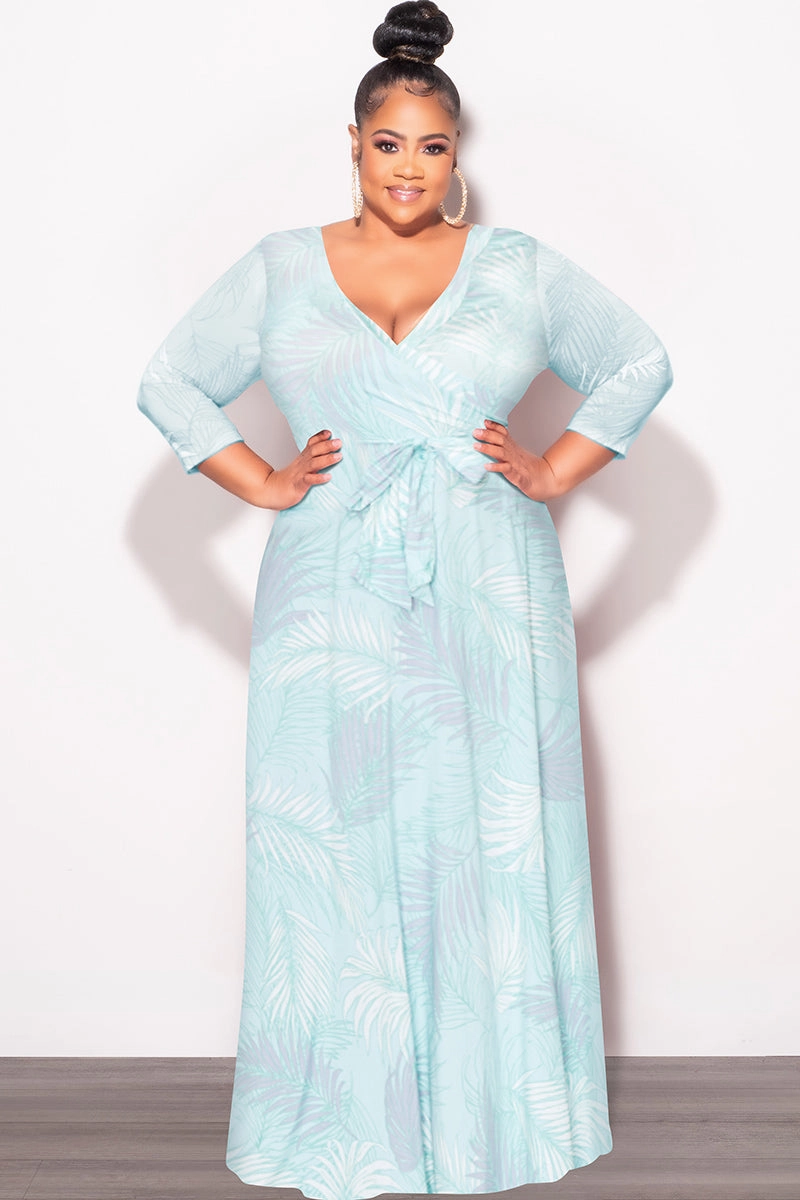 Loose cut Sustainable Fabric Final Sale Plus Size Faux Wrap Dress in Aqua Palm Print