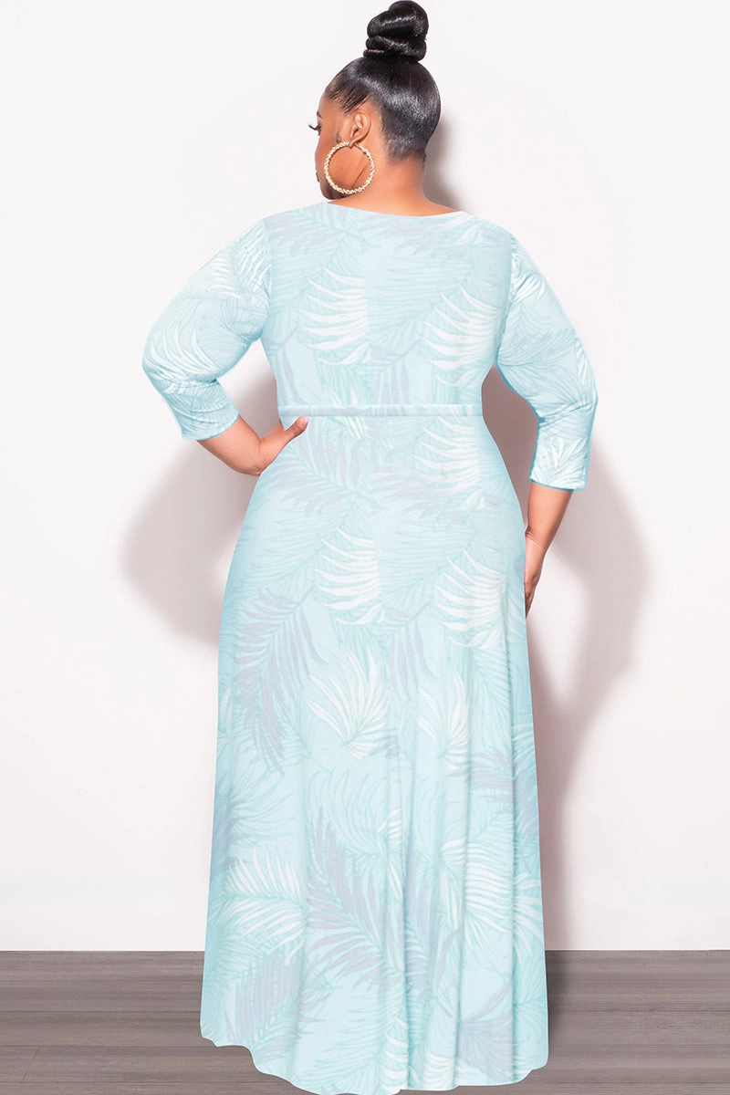 Final Sale Plus Size Faux Wrap Dress in Aqua Palm Print Sporty Touch