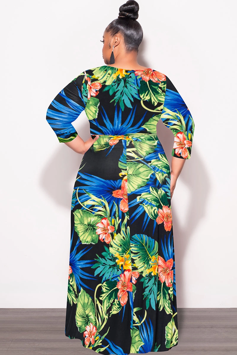 Final Sale Plus Size Faux Wrap Dress in Black Green and Royal Blue Floral Print No Tag