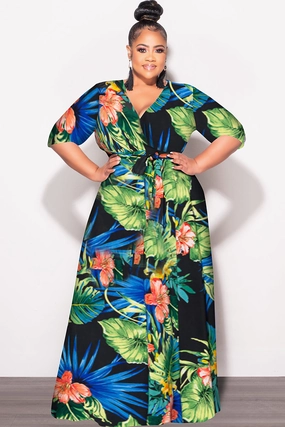 Final Sale Plus Size Faux Wrap Dress in Black Green and Royal Blue Floral Print Light Coverage Bootcut shape