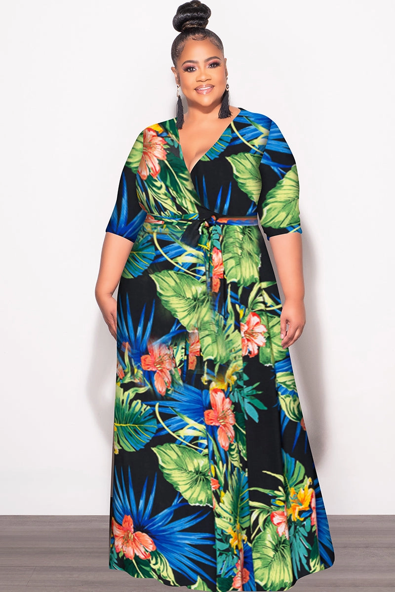 Final Sale Plus Size Faux Wrap Dress in Black Green and Royal Blue Floral Print Tight Waist