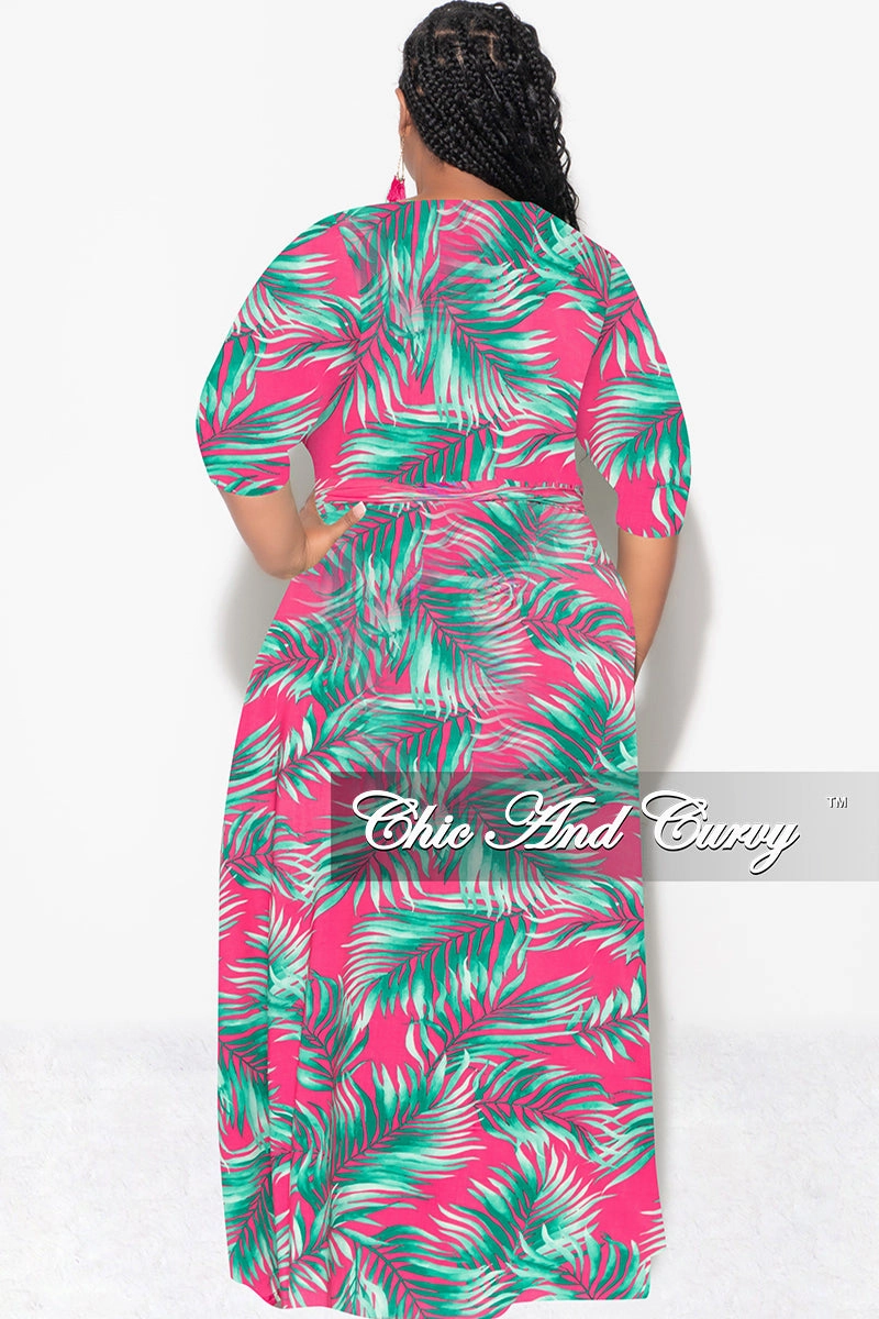Ripstop Texture No Gap Waist Final Sale Plus Size Faux Wrap Dress in Fuchsia and Green Palm Print