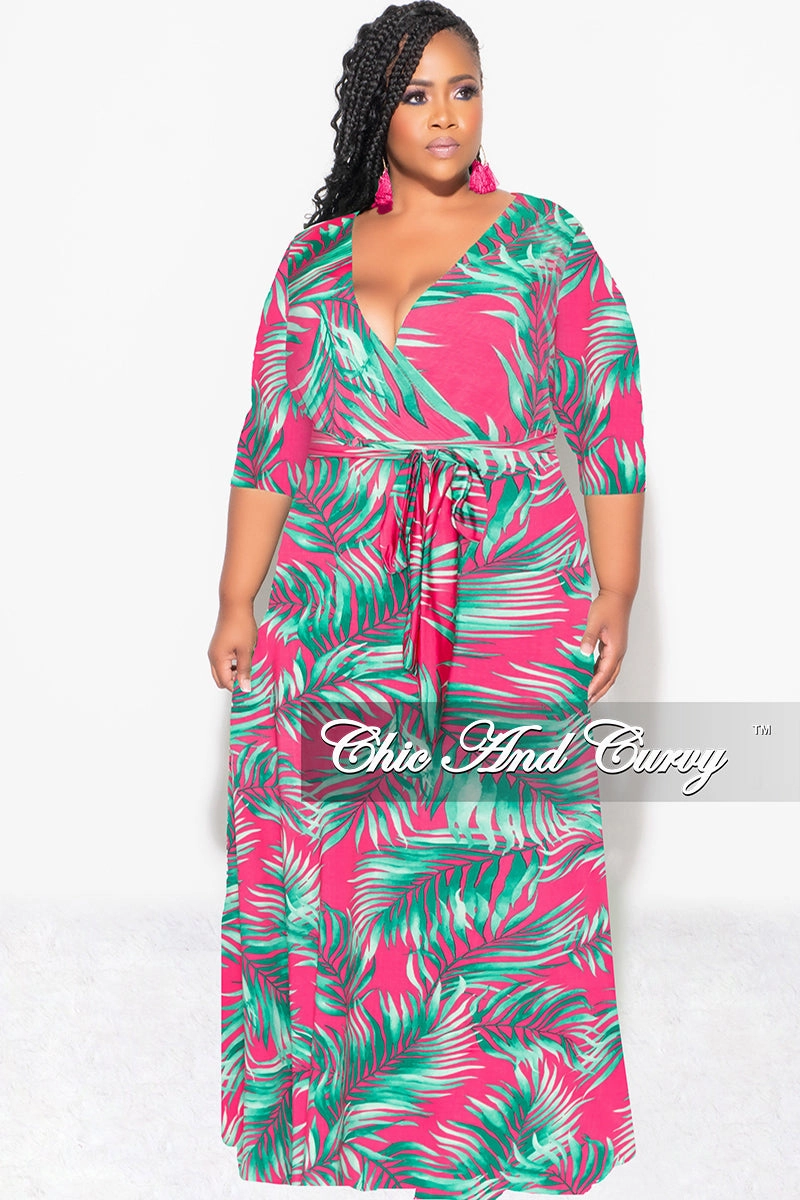 Hygienic Inner Layer Windproof Membrane Final Sale Plus Size Faux Wrap Dress in Fuchsia and Green Palm Print