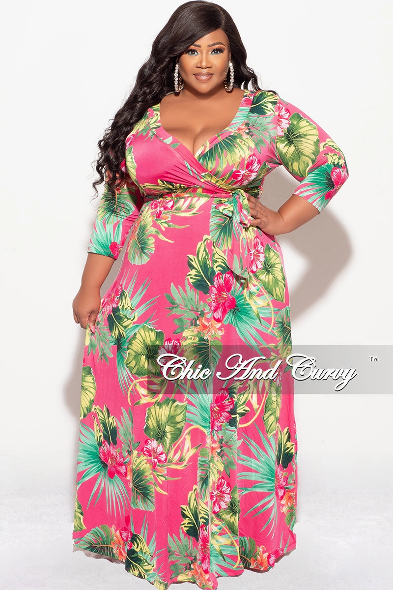 Final Sale Plus Size Faux Wrap Dress in Fuchsia Floral Print Sweat Wicking Lining Day Ready