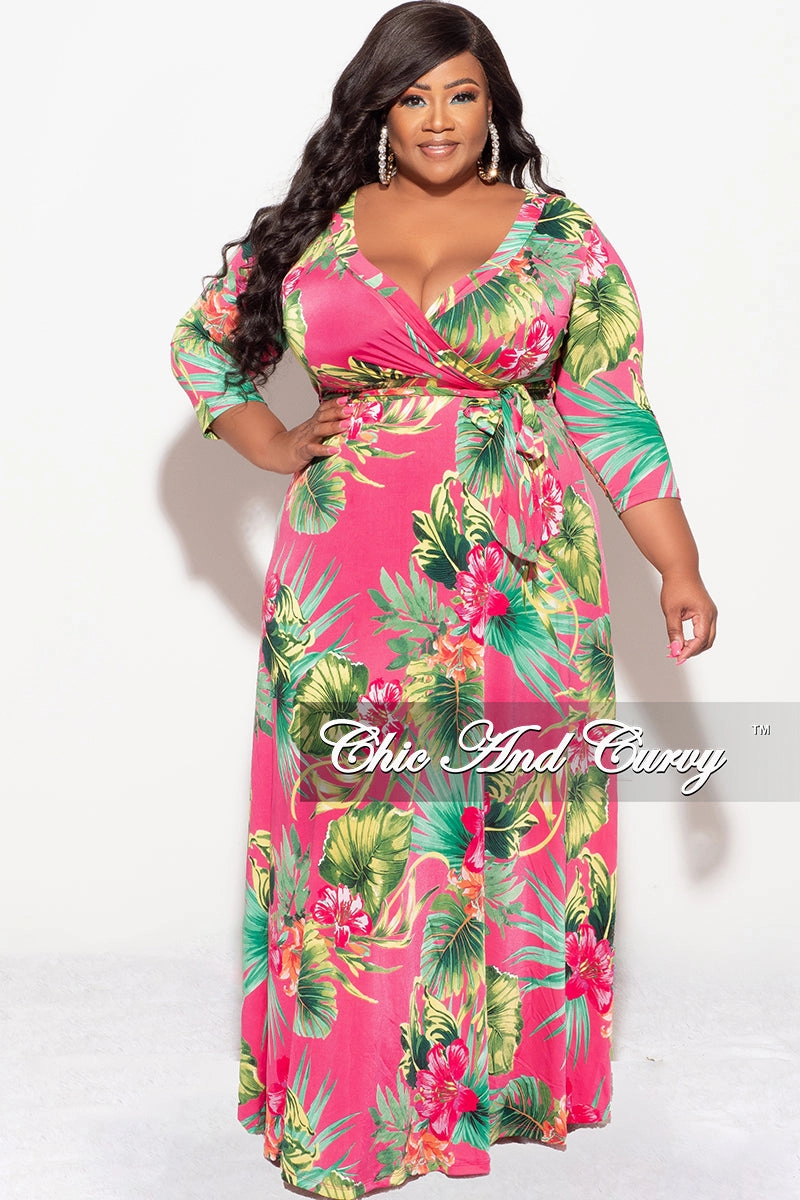 Final Sale Plus Size Faux Wrap Dress in Fuchsia Floral Print Chic Comfort Relaxed Wearable