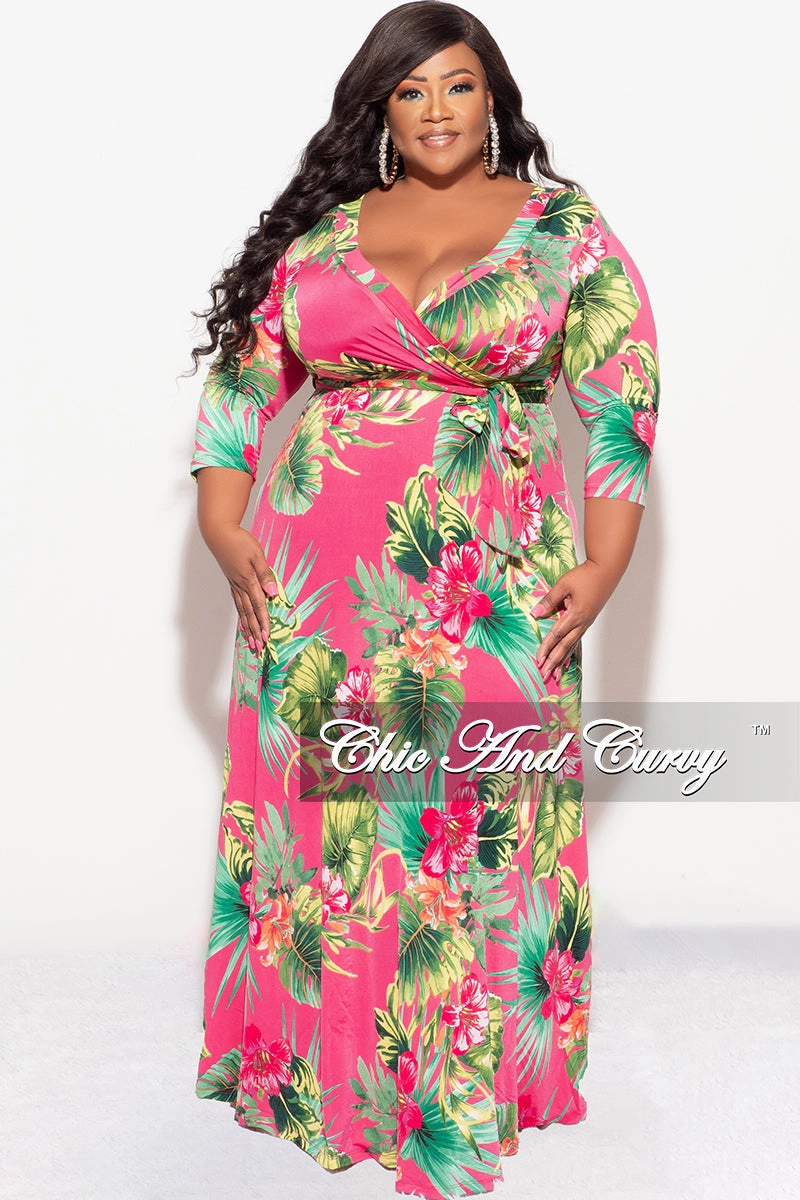Final Sale Plus Size Faux Wrap Dress in Fuchsia Floral Print Abrasion Resistant Surface
