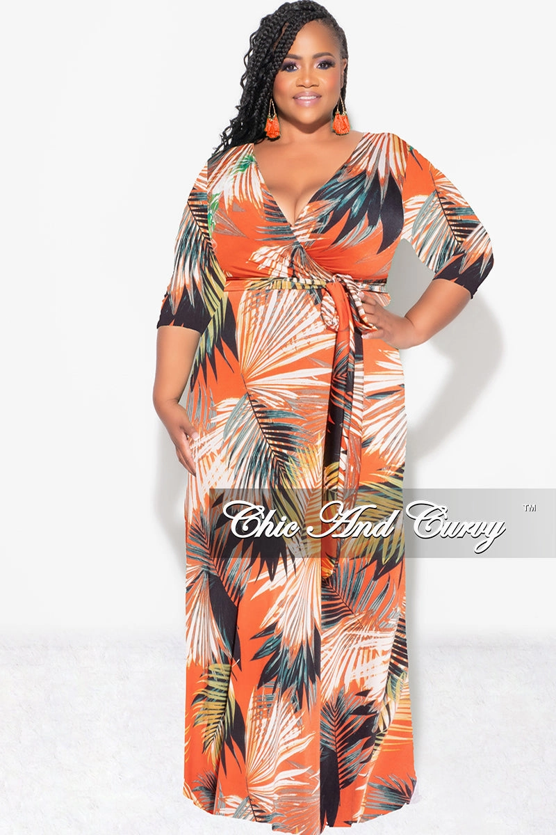 Final Sale Plus Size Faux Wrap Dress in Orange Palm Print Compact Packability Chilly Wear