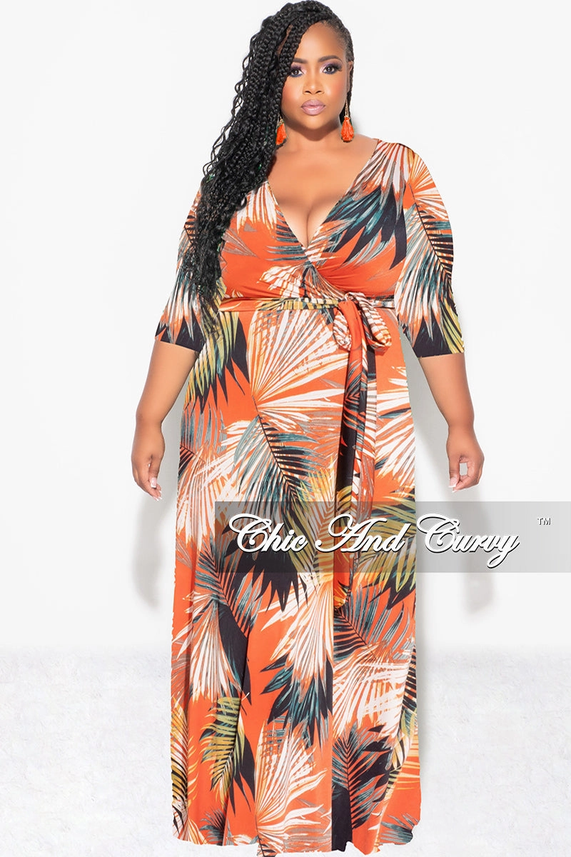 Final Sale Plus Size Faux Wrap Dress in Orange Palm Print High Waist Stretch Bonded Seam Technology
